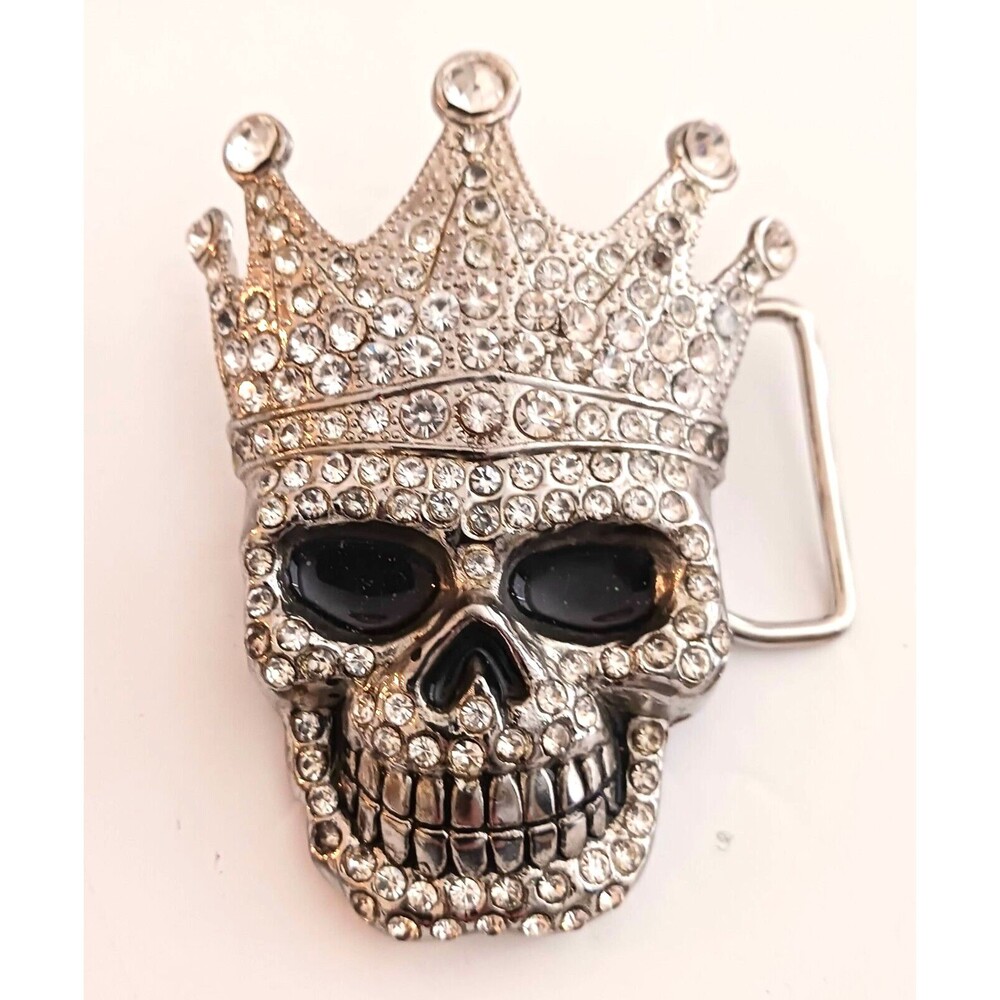 King Sculpted Silver Skull Rhinestone Encrusted Lg Belt Buckle 4X3